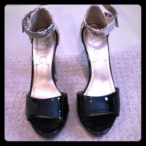 BCBG black snakeskin heels